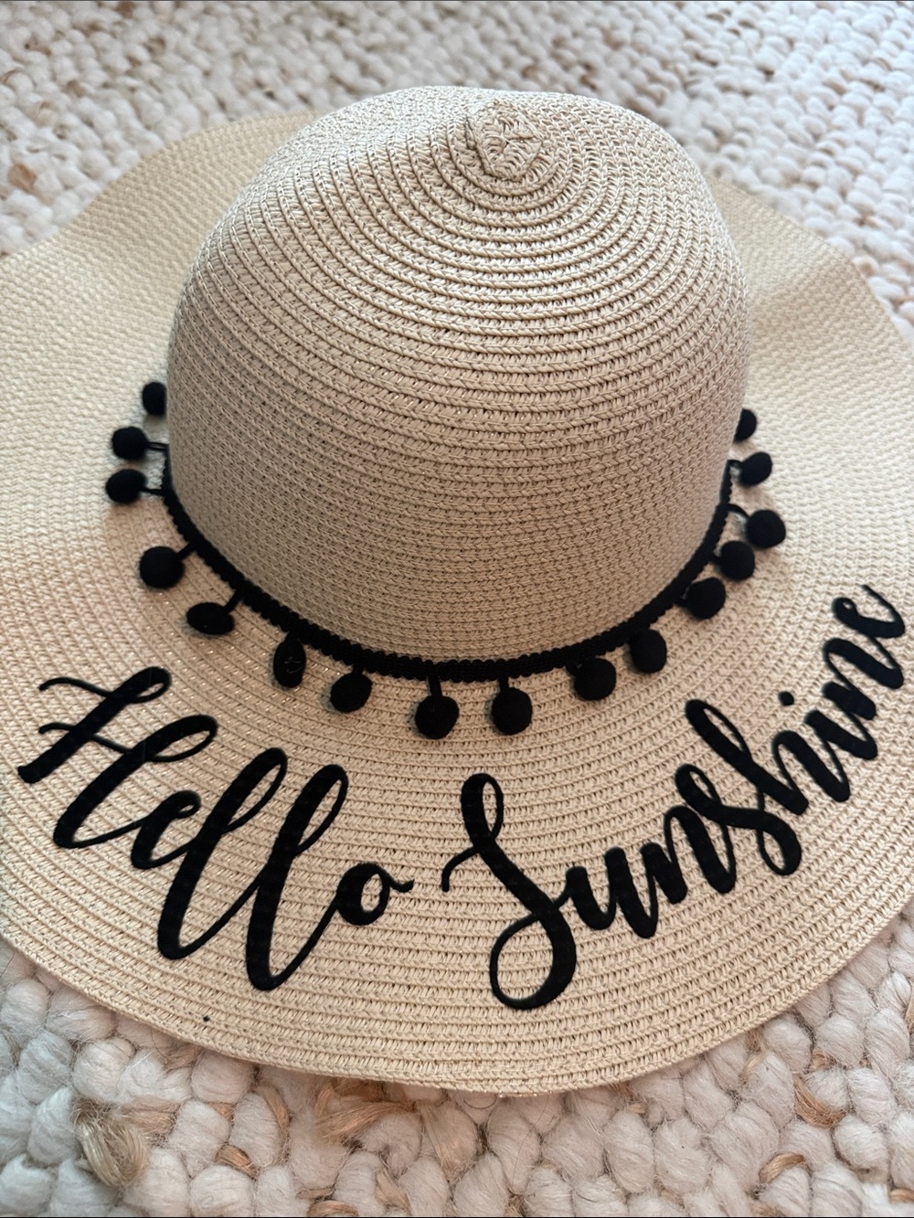 Hello Sunshine Sun Hat with Black Pom Trim - New in Packaging